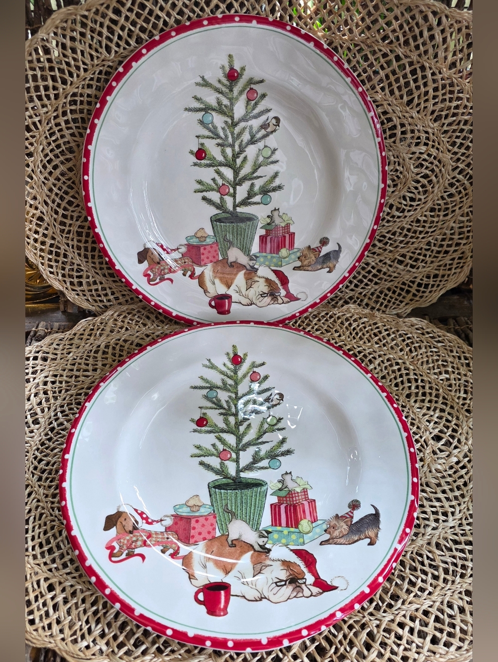 Festive Dog & Tree Holiday Dinner Plates - Red Trim (Set of 2)